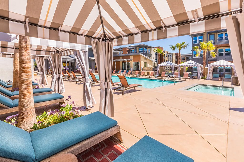 Pool cabanas at The Braydon Apartments in Napa CA